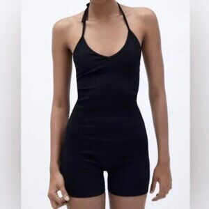 Zara Limitless Contour Collection Knit Bodysuit Black Cutout Shorts Size M-L
